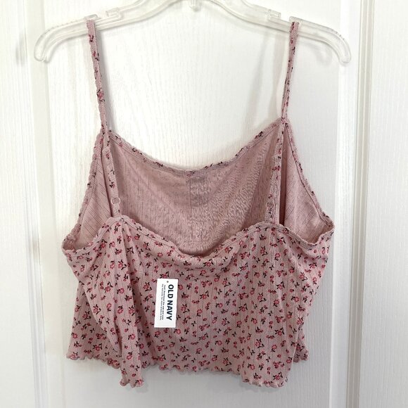 Old Navy Pointelle Henley Tank Top Cropped Cami Pajama Sleeveless Pink Floral - Picture 4 of 6